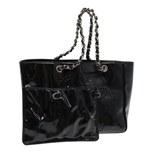 CHANEL Chain Tote Bag Patent leather Black Silver CC 86039