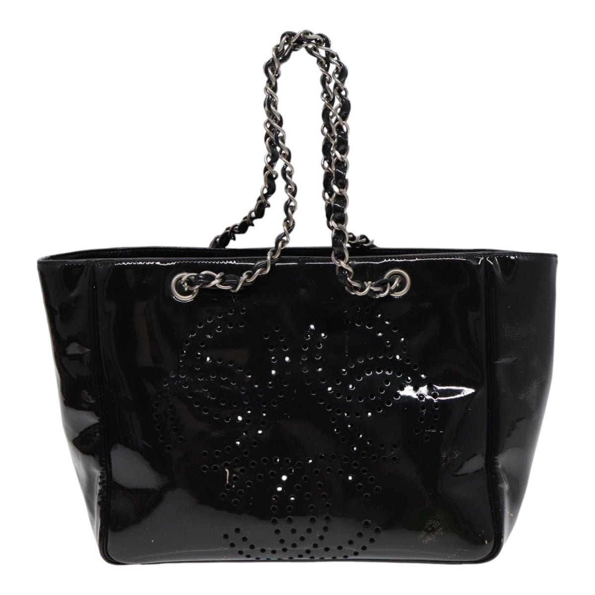 CHANEL Chain Tote Bag Patent leather Black Silver CC 86039