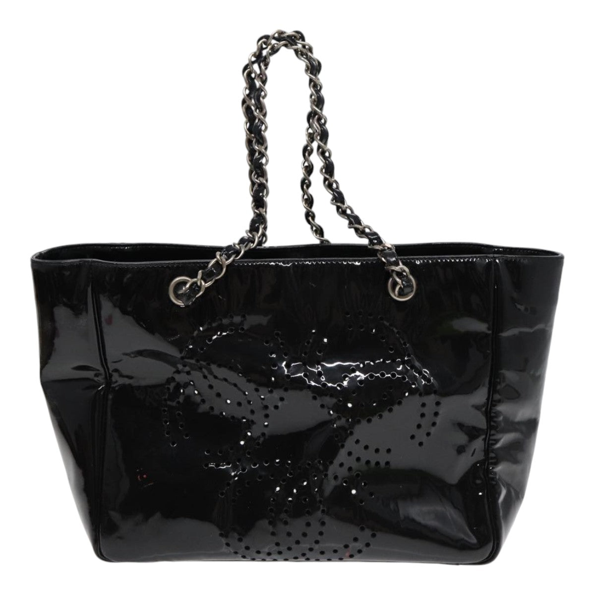 CHANEL Chain Tote Bag Patent leather Black Silver CC 86039
