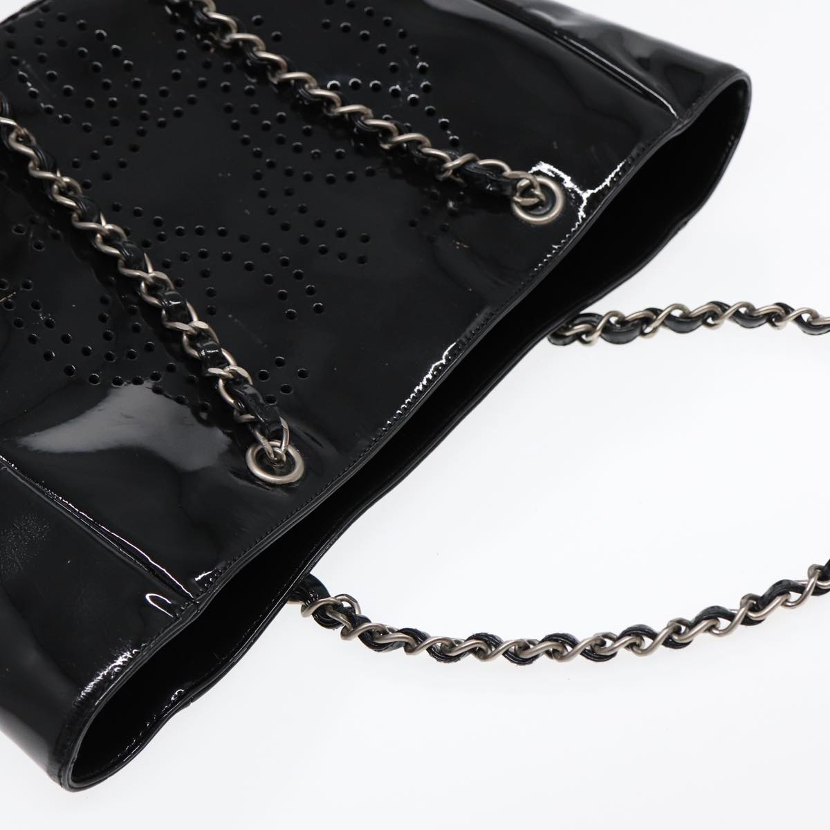 CHANEL Chain Tote Bag Patent leather Black Silver CC 86039