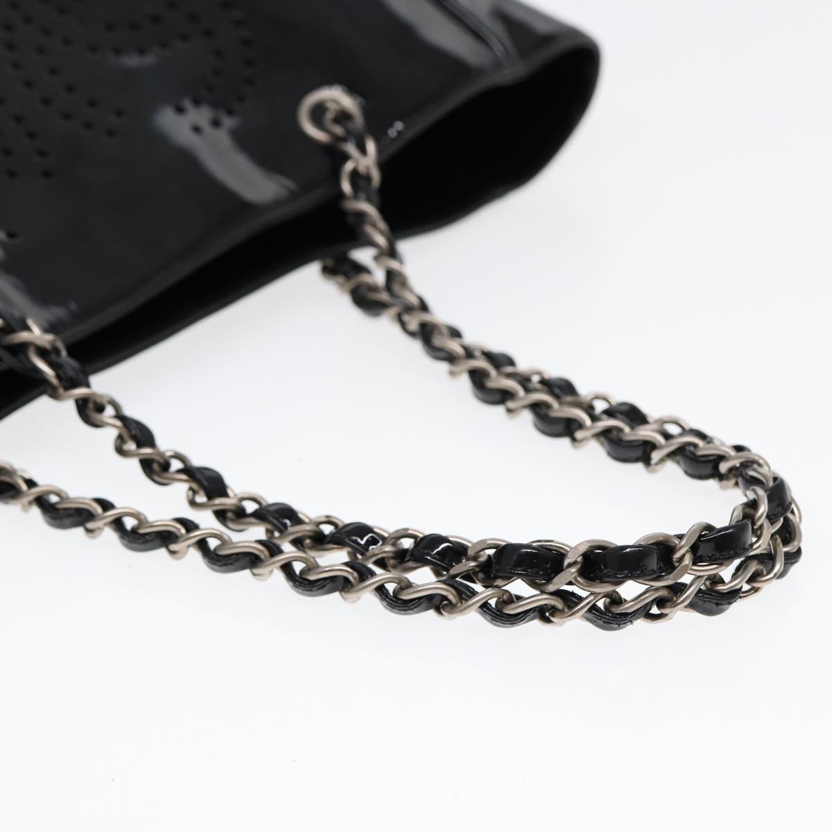 CHANEL Chain Tote Bag Patent leather Black Silver CC 86039