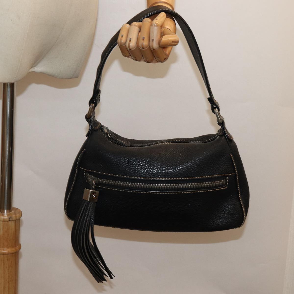 CHANEL Shoulder Bag Leather Black Silver CC 87033