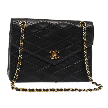 CHANEL Matelasse Turn Lock Chain Hand Bag Lamb Skin Black Gold CC 87124A