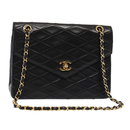 CHANEL Matelasse Turn Lock Chain Hand Bag Lamb Skin Black Gold CC 87124A