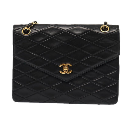 CHANEL Matelasse Turn Lock Chain Hand Bag Lamb Skin Black Gold CC 87124A