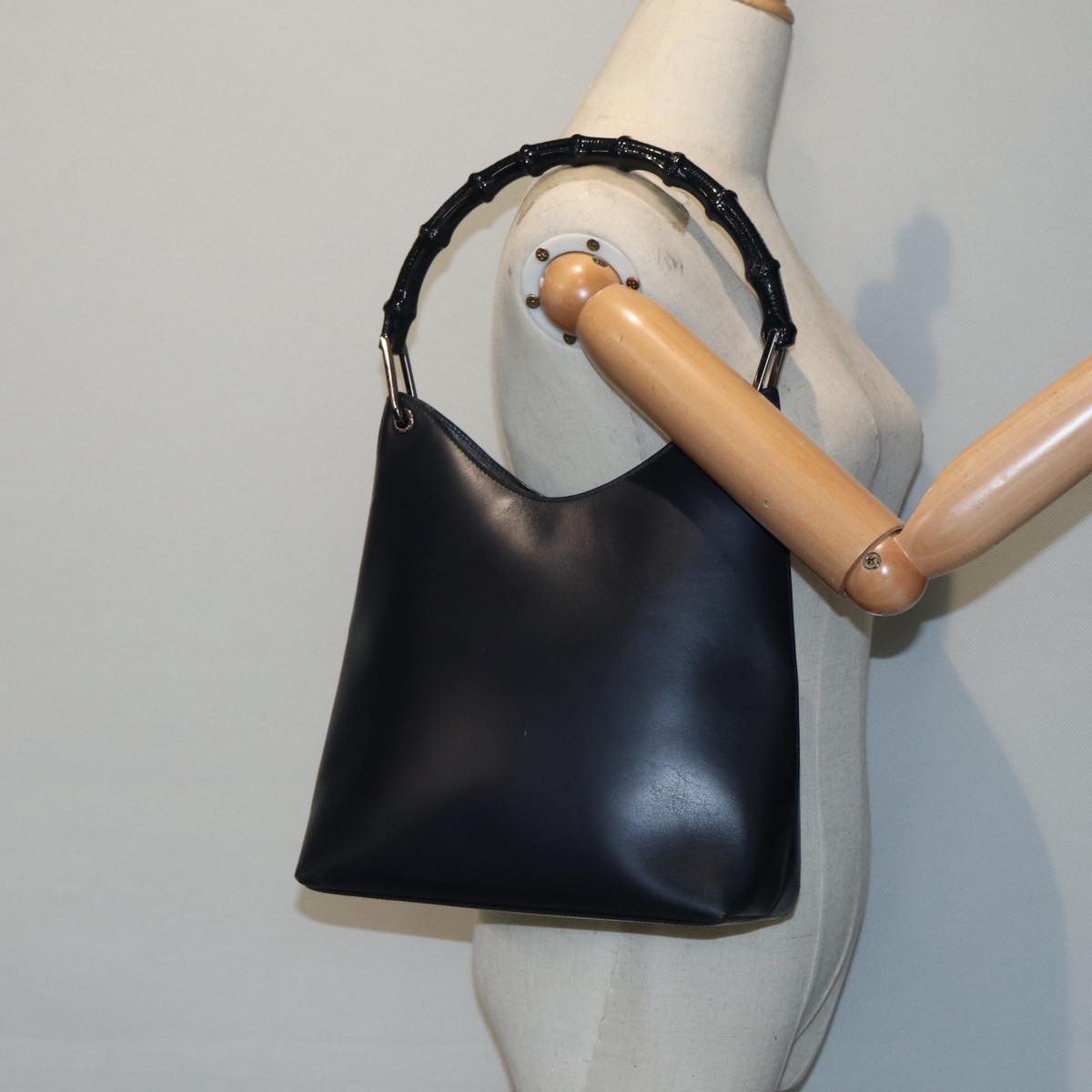 GUCCI Bamboo Shoulder Bag Leather Outlet Navy Silver  88399