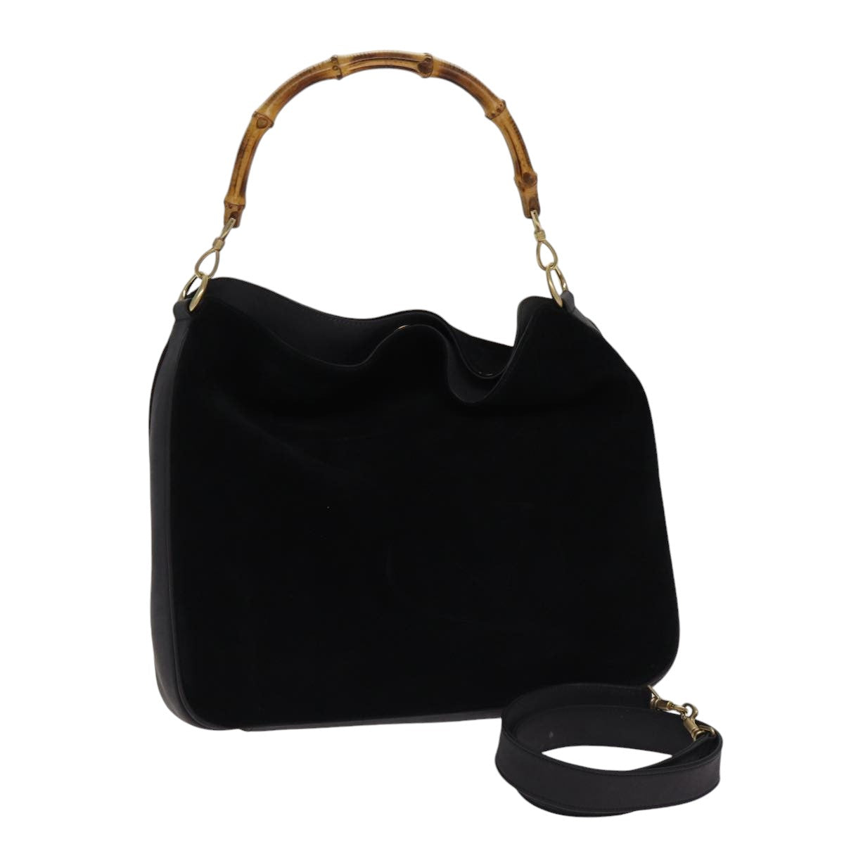 GUCCI Bamboo Hand Bag Suede 2way Black Gold 001 1014 1577 0  88406