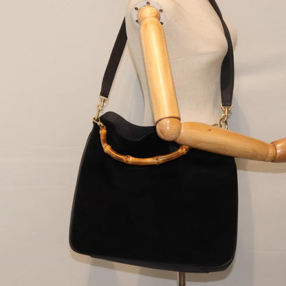 GUCCI Bamboo Hand Bag Suede 2way Black Gold 001 1014 1577 0  88406
