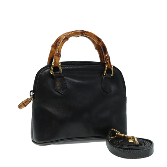 GUCCI Bamboo Hand Bag Leather 2way Black Gold 007 2032 0231  88410