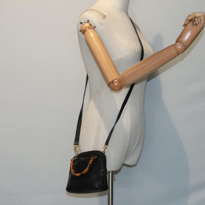 GUCCI Bamboo Hand Bag Leather 2way Black Gold 007 2032 0231  88410