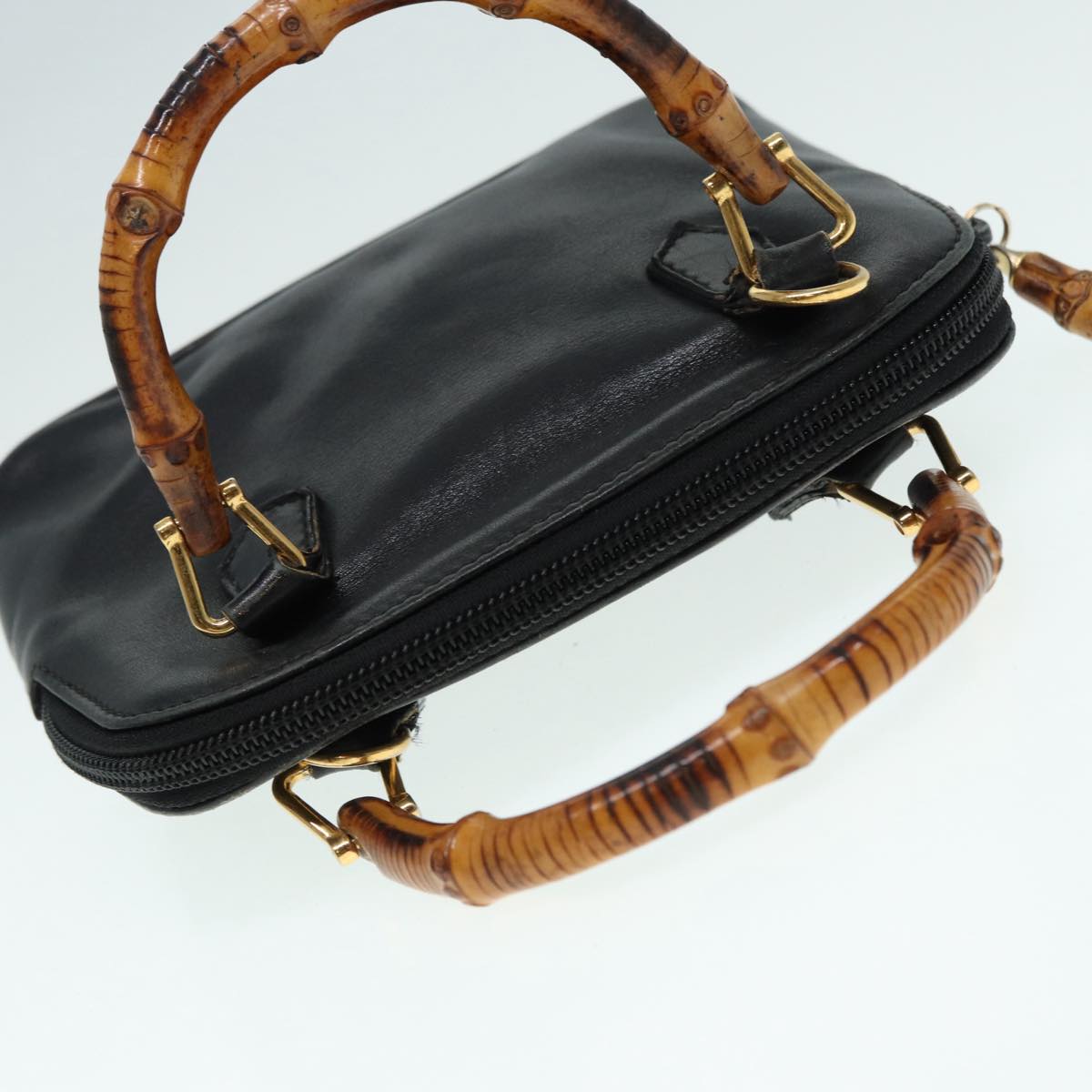 GUCCI Bamboo Hand Bag Leather 2way Black Gold 007 2032 0231  88410