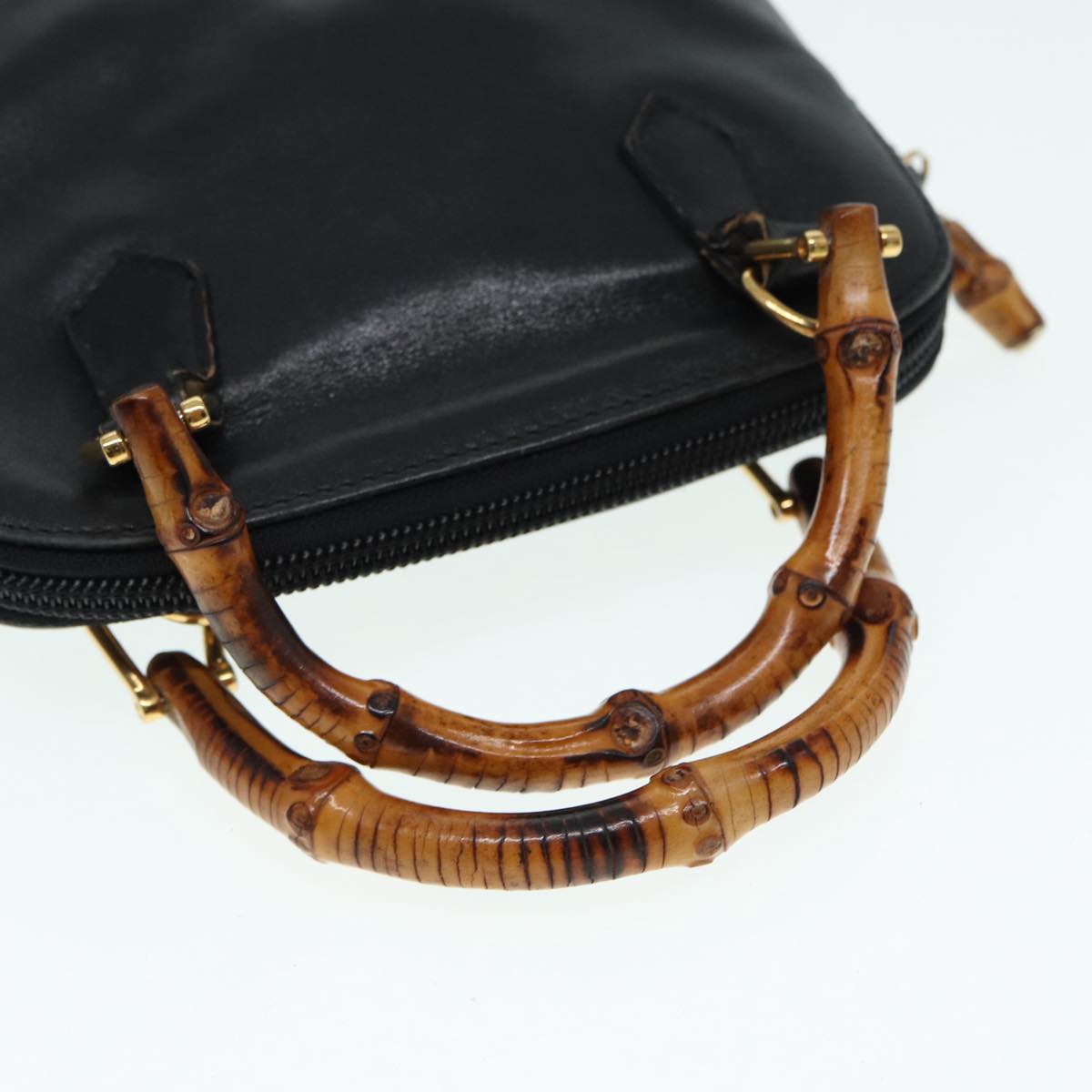 GUCCI Bamboo Hand Bag Leather 2way Black Gold 007 2032 0231  88410