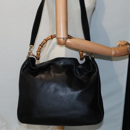 GUCCI Bamboo Hand Bag Leather 2way Black Gold 001 2058 1577 0  88416