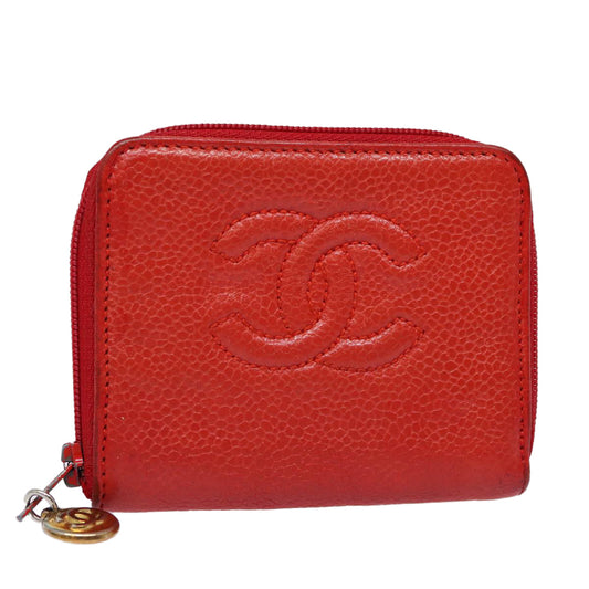 CHANEL COCO Mark Coin Purse Caviar Skin Gold Red CC 88633