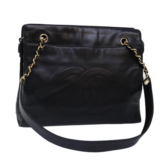 CHANEL Chain Shoulder Bag Leather Black Gold CC 88658A
