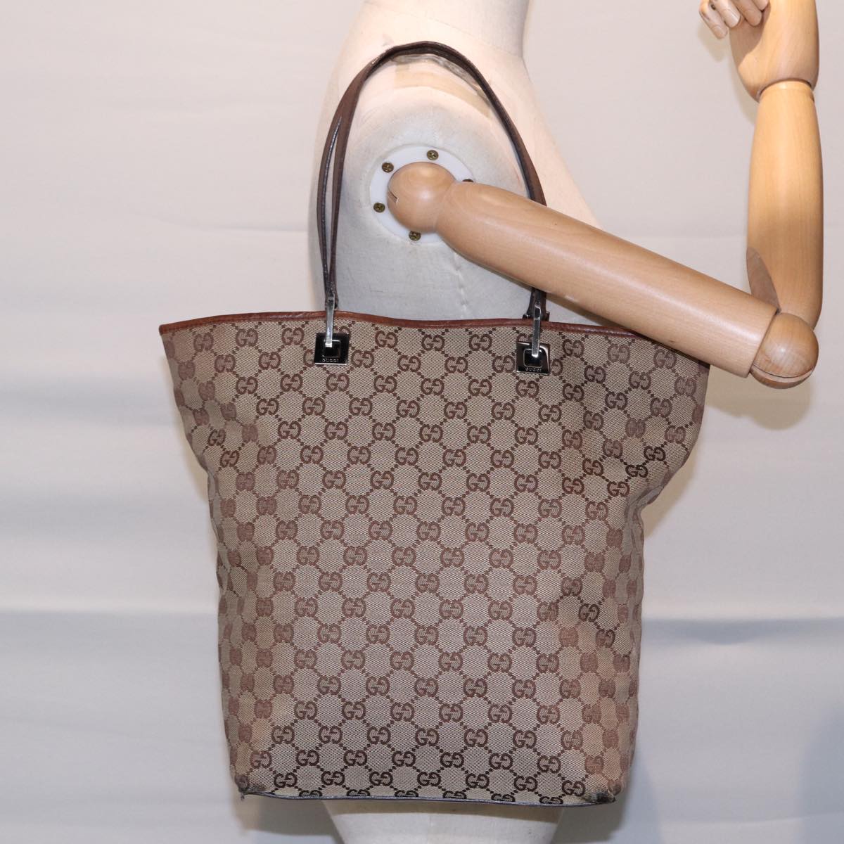 GUCCI GG Canvas Tote Bag Beige Silver 31243  88782