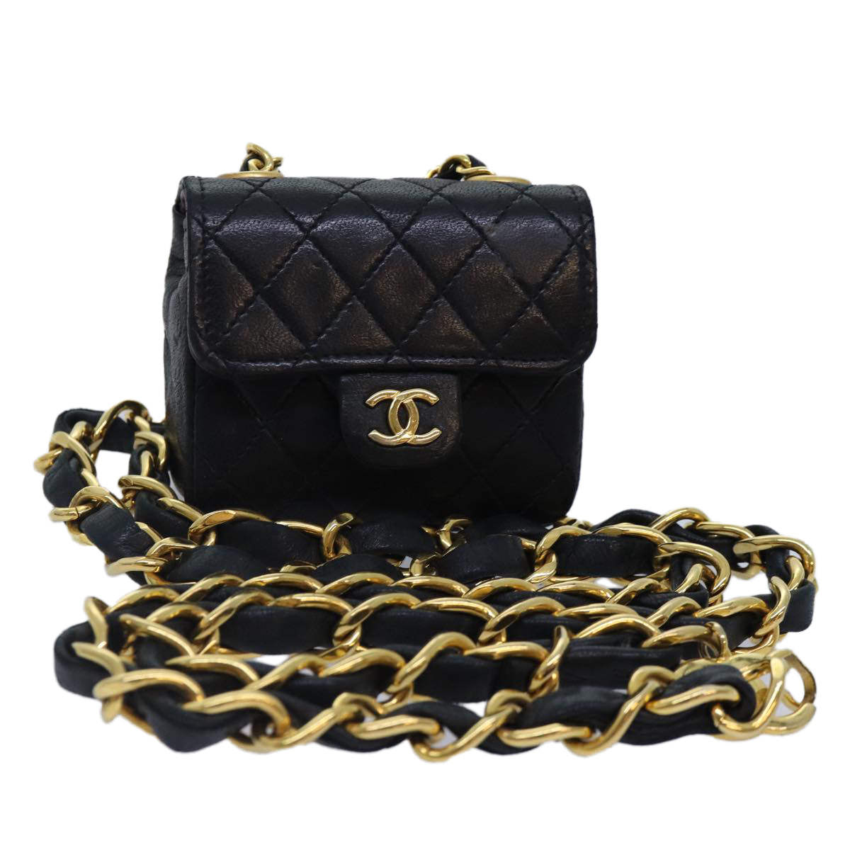 CHANEL Mini Mini Matelasse Chain Pouch Lamb Skin Black Gold CC 89068A
