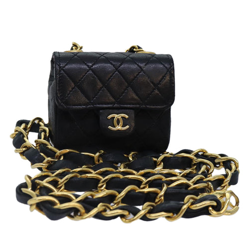 CHANEL Mini Mini Matelasse Chain Pouch Lamb Skin Black Gold CC 89068A
