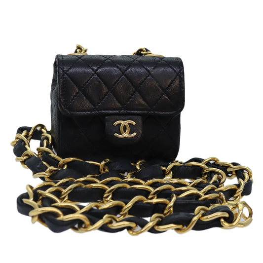 CHANEL Mini Mini Matelasse Chain Pouch Lamb Skin Black Gold CC 89068A