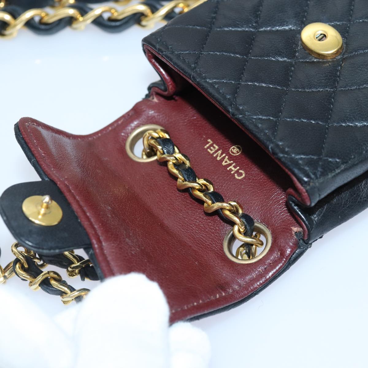 CHANEL Mini Mini Matelasse Chain Pouch Lamb Skin Black Gold CC 89068A