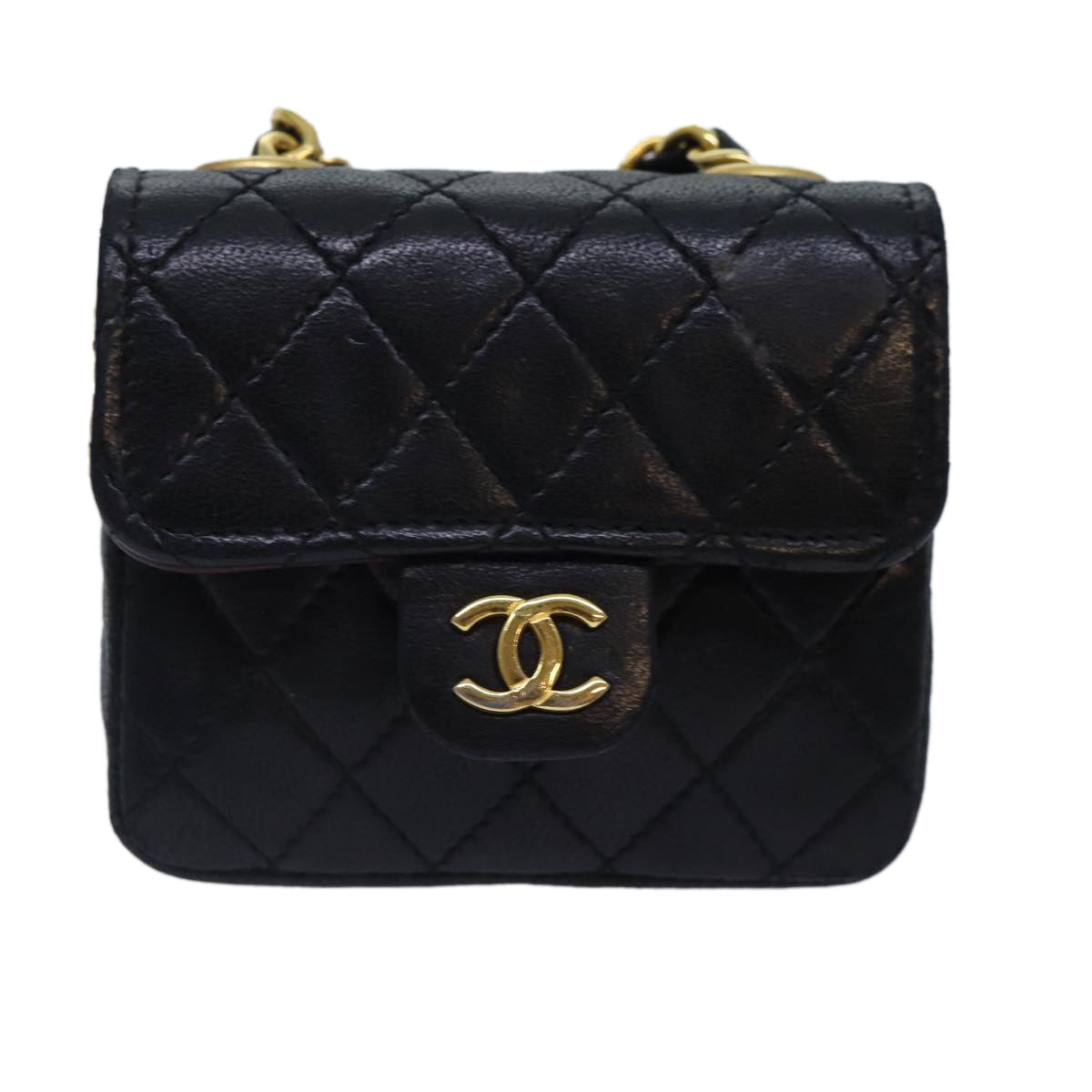 CHANEL Mini Mini Matelasse Chain Pouch Lamb Skin Black Gold CC 89068A