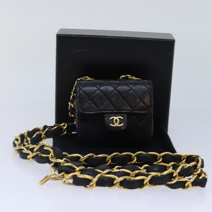 CHANEL Mini Mini Matelasse Chain Pouch Lamb Skin Black Gold CC 89068A