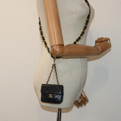 CHANEL Mini Mini Matelasse Chain Pouch Lamb Skin Black Gold CC 89068A