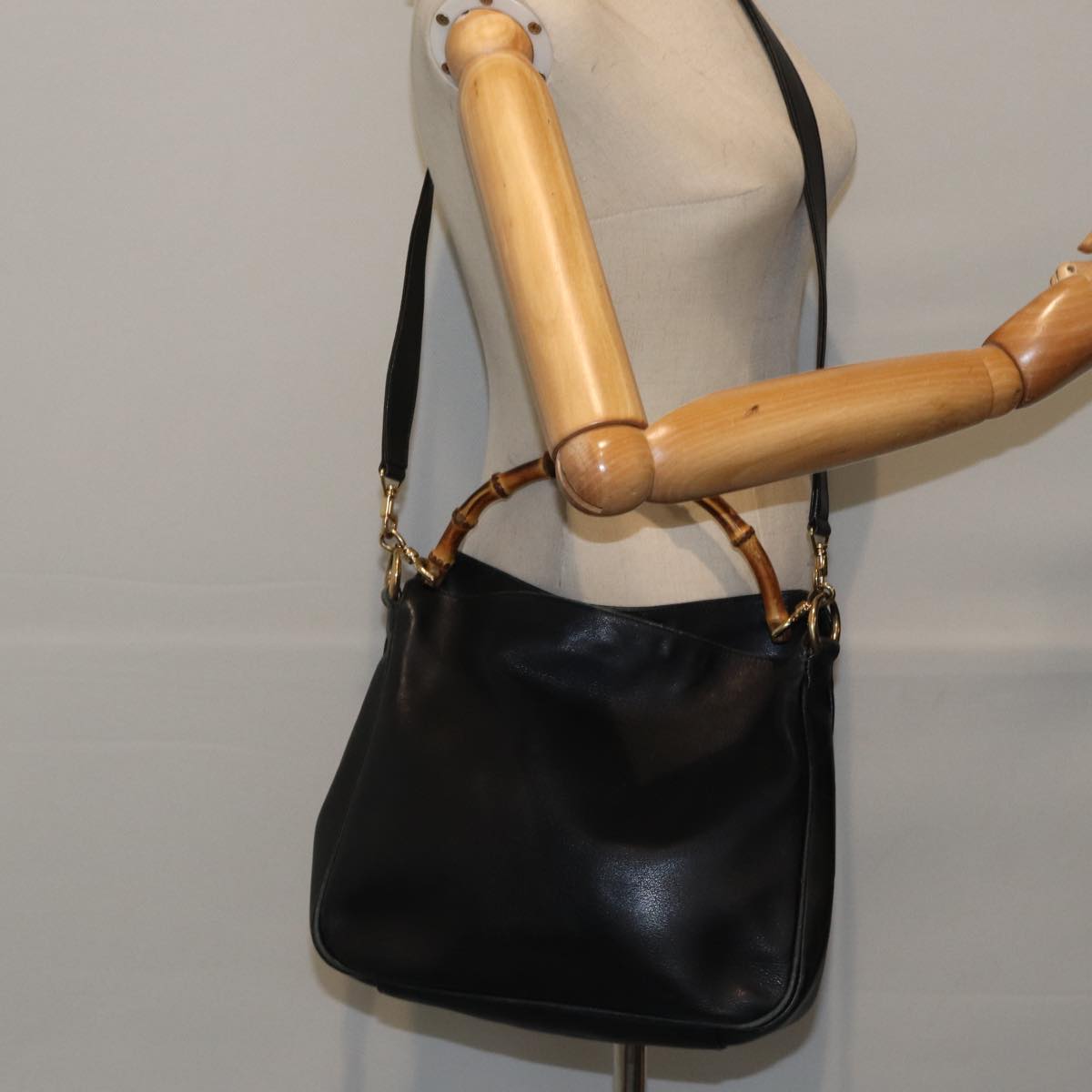 GUCCI Bamboo Shoulder Bag Leather 2way Black Gold 001 1638 2058  89140
