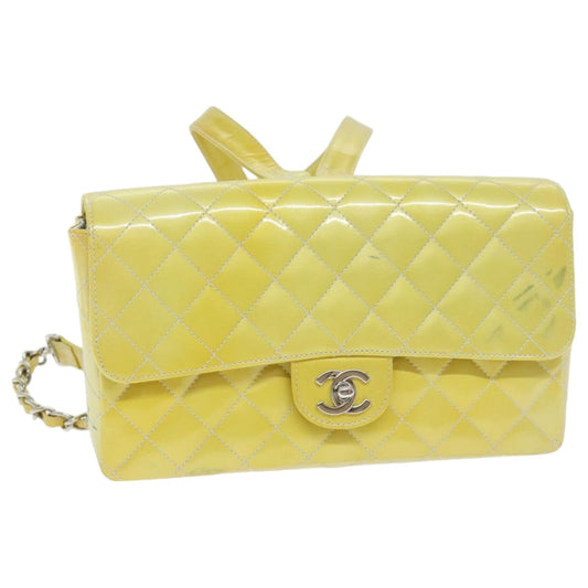 CHANEL Matelasse Backpack Patent leather Yellow Silver CC 89374
