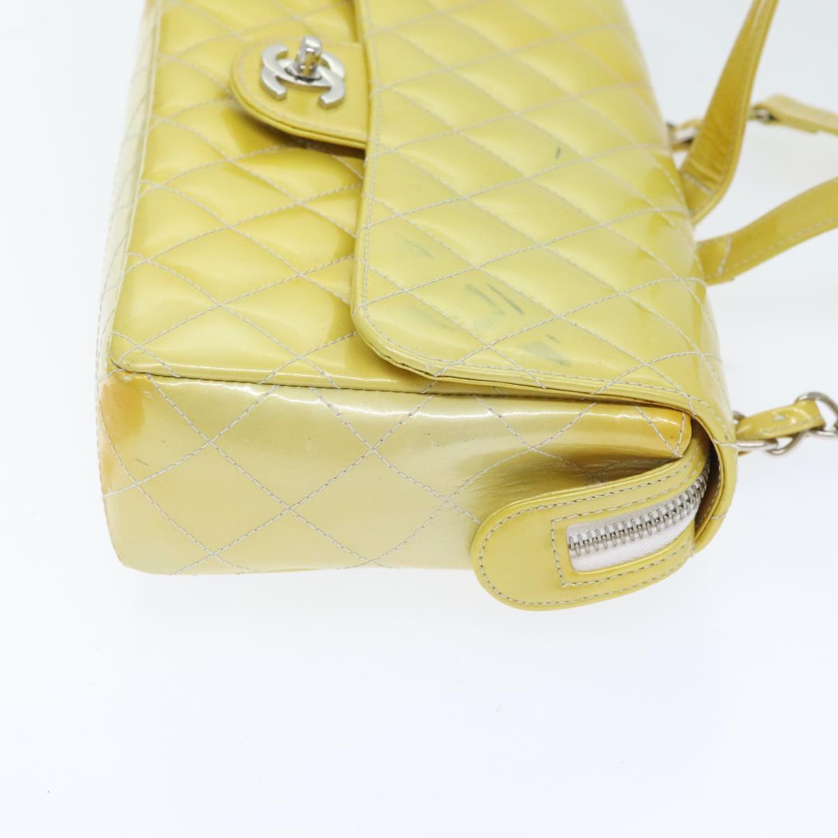 CHANEL Matelasse Backpack Patent leather Yellow Silver CC 89374