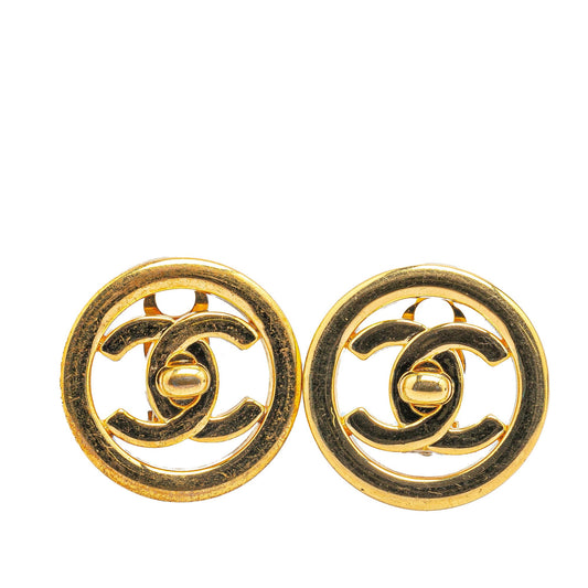 Gold Chanel Gold Plated CC Turnlock Round Clip On Earrings