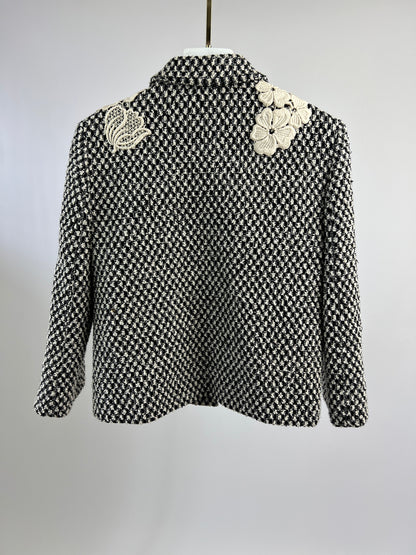 Gucci Black and White Tweed Jacket with Lace Detail and GG Buttons Size IT 36 (UK 4)