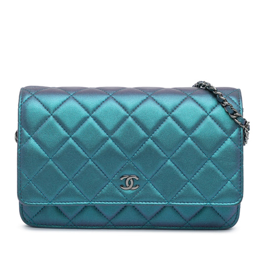 Blue Chanel CC Quilted Metallic Lambskin Wallet On Chain Crossbody Bag