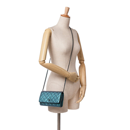 Blue Chanel CC Quilted Metallic Lambskin Wallet On Chain Crossbody Bag