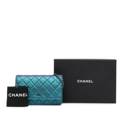 Blue Chanel CC Quilted Metallic Lambskin Wallet On Chain Crossbody Bag