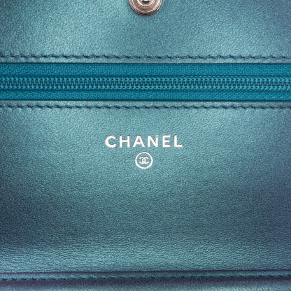 Blue Chanel CC Quilted Metallic Lambskin Wallet On Chain Crossbody Bag