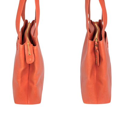 Chanel 90s Orange Caviar Embroidered Logo Shopper Tote