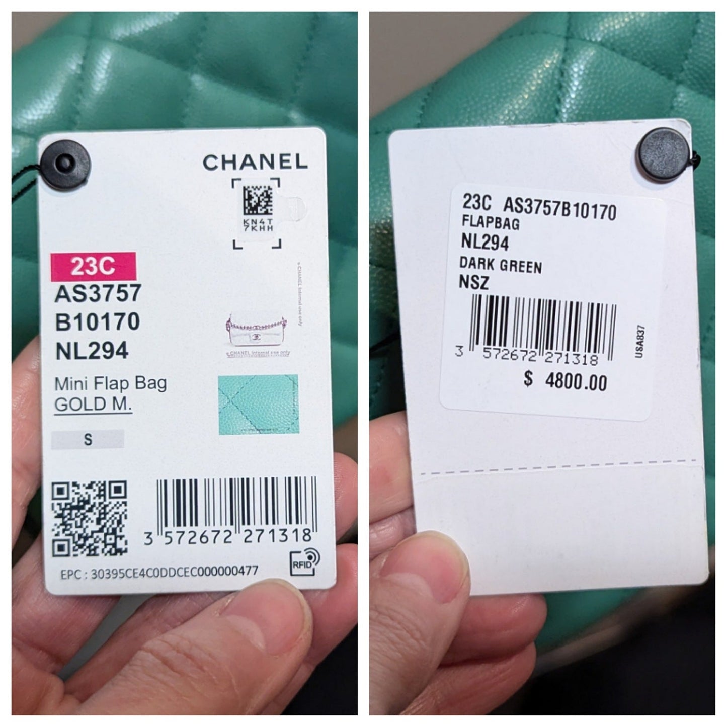 Chanel 2023 Green Grained Calfskin Quilted Mini CC You Flap