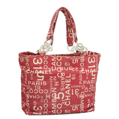 CHANEL Bysy line Tote Bag Canvas Plastic Red White Clear CC 90446