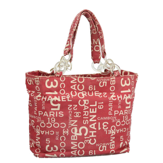 CHANEL Bysy line Tote Bag Canvas Plastic Red White Clear CC 90446