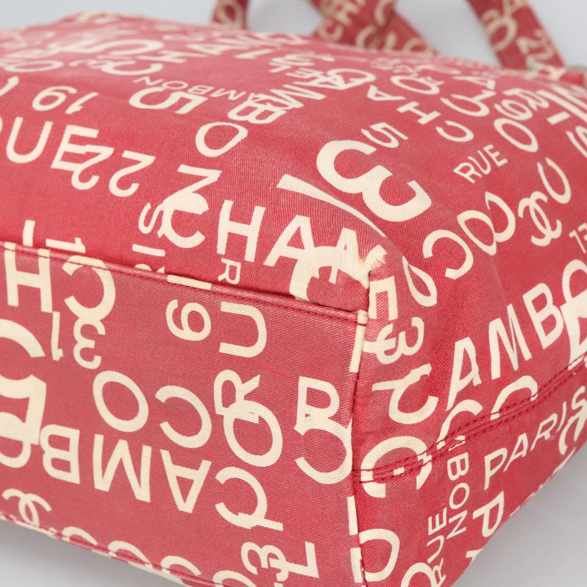 CHANEL Bysy line Tote Bag Canvas Plastic Red White Clear CC 90446