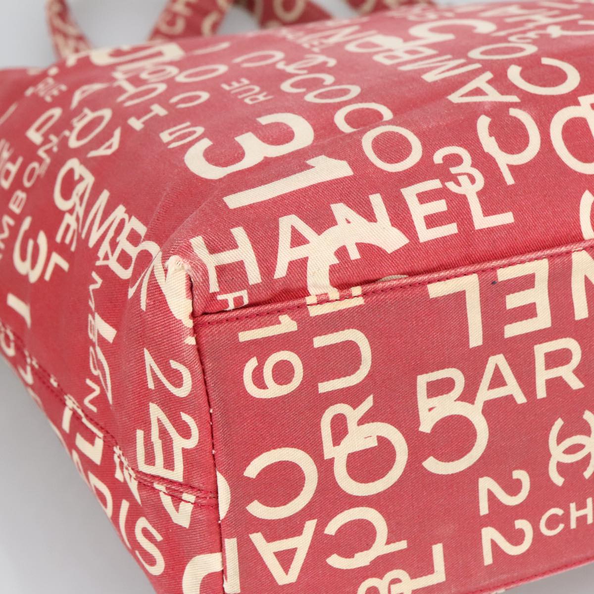 CHANEL Bysy line Tote Bag Canvas Plastic Red White Clear CC 90446