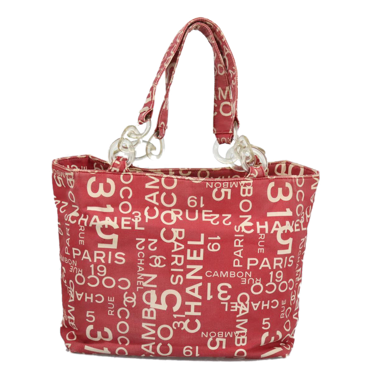CHANEL Bysy line Tote Bag Canvas Plastic Red White Clear CC 90446