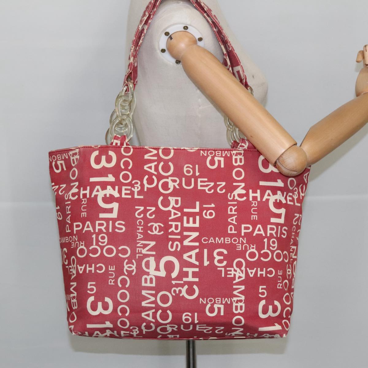 CHANEL Bysy line Tote Bag Canvas Plastic Red White Clear CC 90446