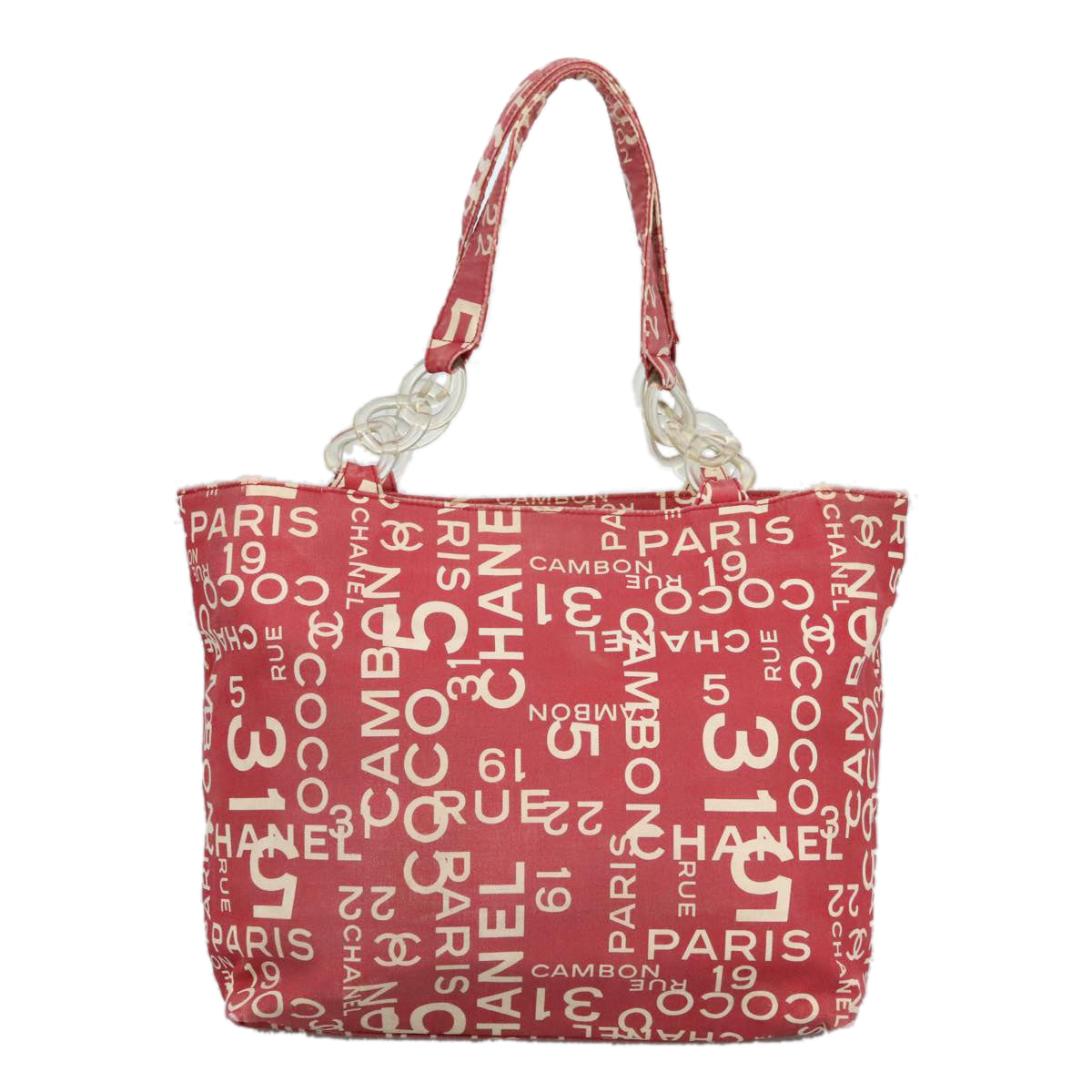 CHANEL Bysy line Tote Bag Canvas Plastic Red White Clear CC 90446