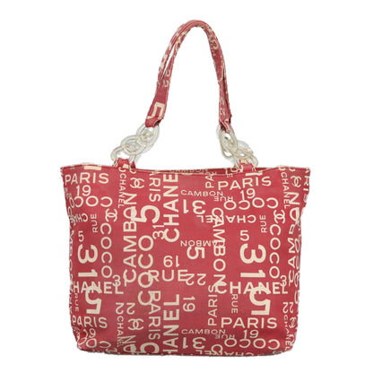 CHANEL Bysy line Tote Bag Canvas Plastic Red White Clear CC 90446