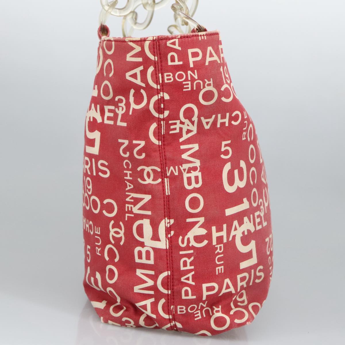 CHANEL Bysy line Tote Bag Canvas Plastic Red White Clear CC 90446