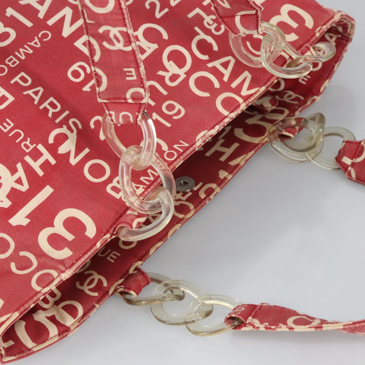 CHANEL Bysy line Tote Bag Canvas Plastic Red White Clear CC 90446