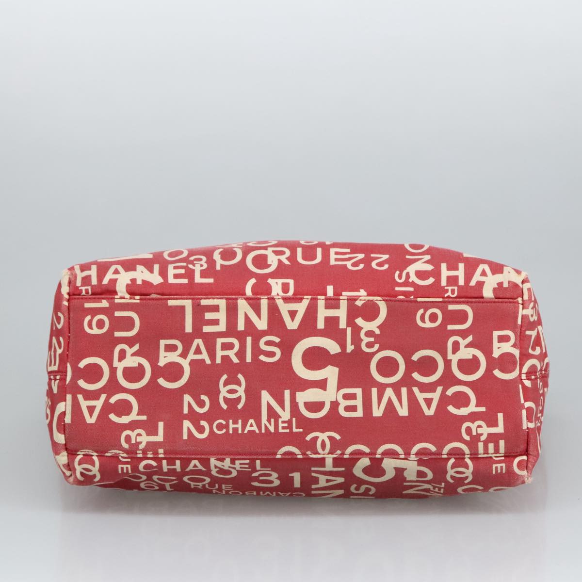 CHANEL Bysy line Tote Bag Canvas Plastic Red White Clear CC 90446