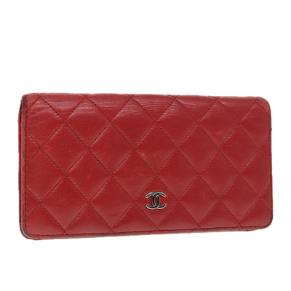 CHANEL Matelasse Wallet Lamb Skin Red Silver CC 90620